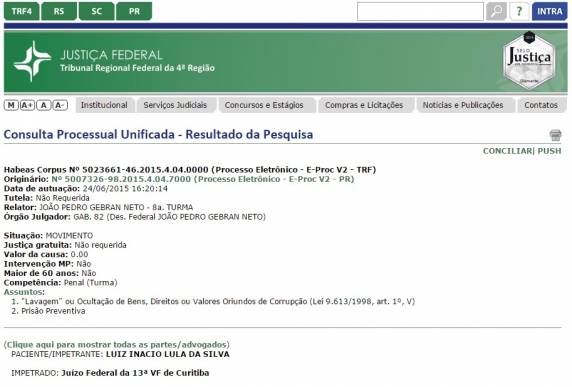 Pedido foi protocolado na tarde de quarta-feira no Tribunal Regional Federal da 4ª Região por um cidadão de São Paulo 

sem ligação com o ex-presidente