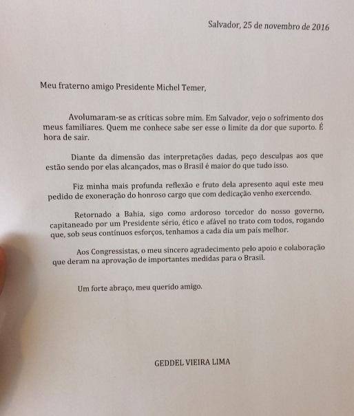 Carta de demissão enviada ao presidente fala em 