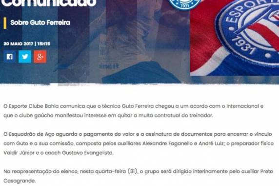 Clube baiano aguarda o 

pagamento da rescisão do contrato