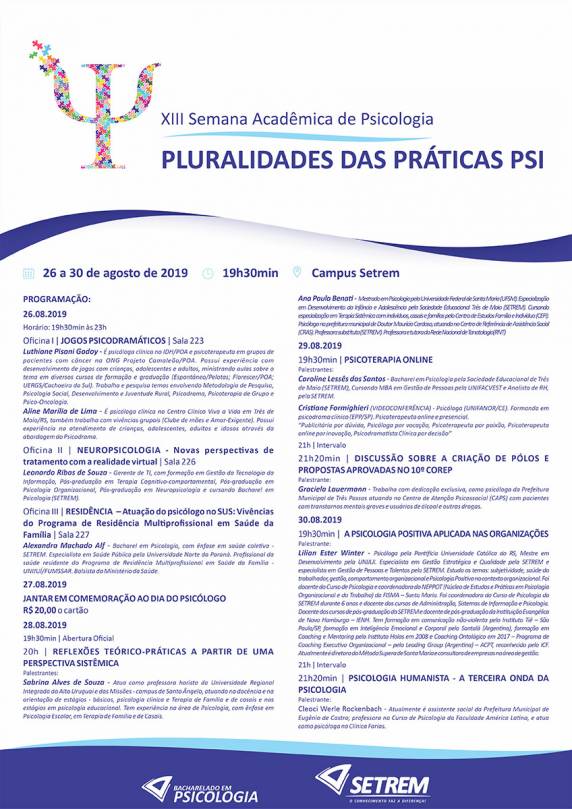 Evento contará com palestras, oficinas e o tradicional jantar em comemoração ao Dia do Psicólogo