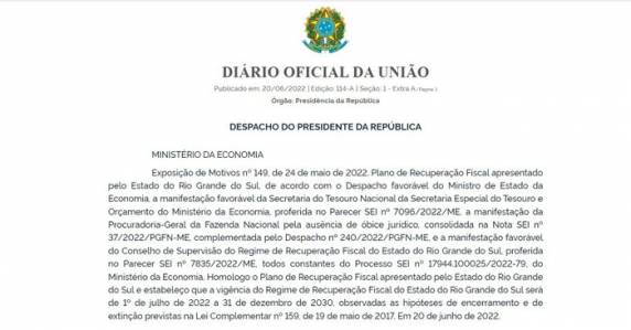 Regime de recuperação fiscal vai vigorar entre julho de 2022 e dezembro de 2030