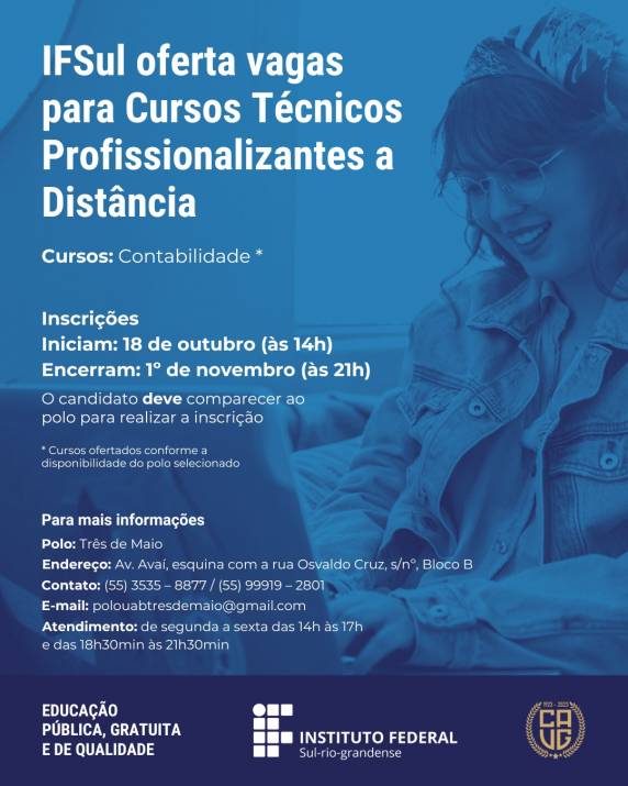 Para o Polo de Três de Maio estão sendo ofertadas 20 vagas.