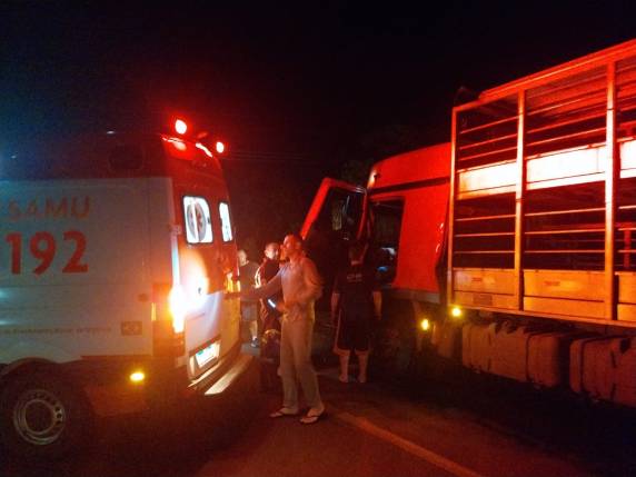 Motorista de um caminhão transportador de porcos ficou preso as ferragens do veículo