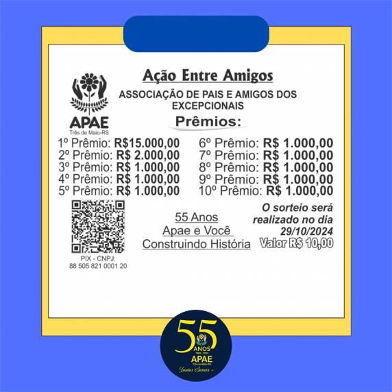 Serão sorteados R$ 25 mil em prêmios em dinheiro. O primeiro prêmio é R$ 15 mil, o segundo R$ 2 mil, e R$ 1 mil do terceiro ao décimo prêmio.