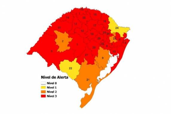 Nível vermelho, que representa crise sanitária, é verificado nas regiões Metropolitana, Vales, Litoral, Norte, Noroeste, Central, entre outras