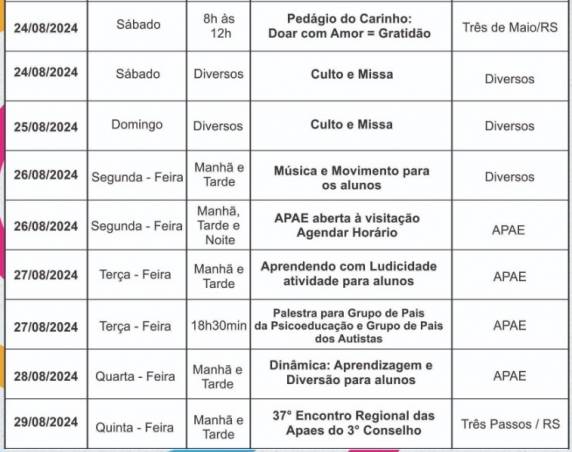 E na segunda-feira, dia 26, a Apae estará aberta para visitação mediante agendamento pelo telefone (55) 98117-2777.