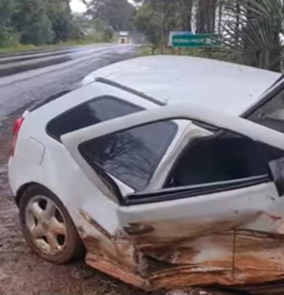 Depois de quaplanagem veículo Gol bateu em uma árvore na lateral da rodovia