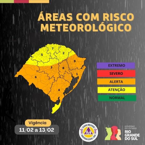 Maiores acumulados devem ser registrados nas regiões da Campanha, Sul, Centro, Oeste e Serra, com volumes entre 100 e 150 milímetros