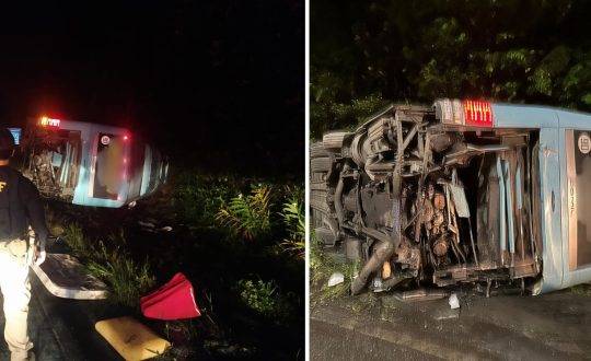 Ônibus que seguia de São Paulo para Criciúma tombou após colisão na noite desta quarta-feira (19)