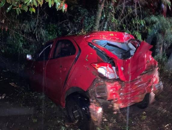 Depois de sair da pista um Onix conduzido por uma mulher bateu em árvores na lateral da rodovia
