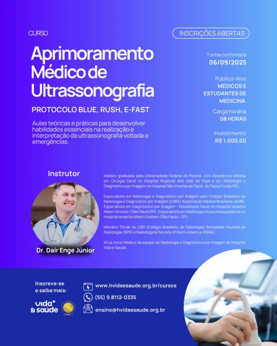 Com foco em situações de emergência, o curso é voltado para médicos e estudantes de medicina que queira divulgar seus conhecimentos em protocolos ultrassonográficos essenciais no atendimento de pacientes com quadros traumáticos e não traumáticos.