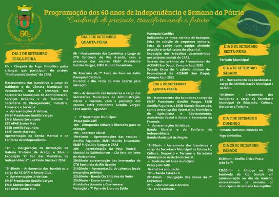 Atividades acontecem de 2 a 20 de setembro e incluem quermesse, baile popular e desfile cívico