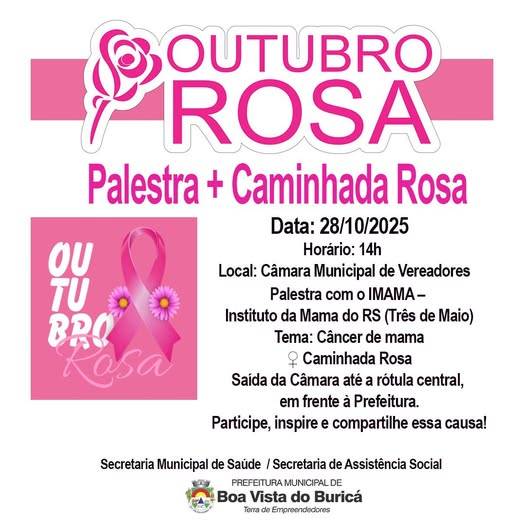 Atividade acontece na próxima terça-feira (28), às 14h, na Câmara de Vereadores, com palestra do IMAMA e caminhada pela conscientização sobre o câncer de mama.