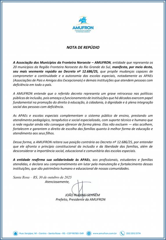 Durante reunião em Independência, realizada por ocasião da 7ª Expoinde, os prefeitos da Associação dos Municípios da Fronteira Noroeste (Amufron) emitiram nota oficial contra o Decreto nº 12.686/2025, que, segundo a entidade, compromete a autonomia e a continuidade das APAEs e demais escolas especiais.
