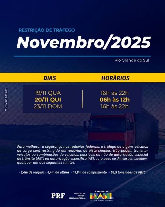 Medida será aplicada nos dias 19, 20 e 23 de novembro para reduzir acidentes durante o aumento do fluxo de veículos no feriado.