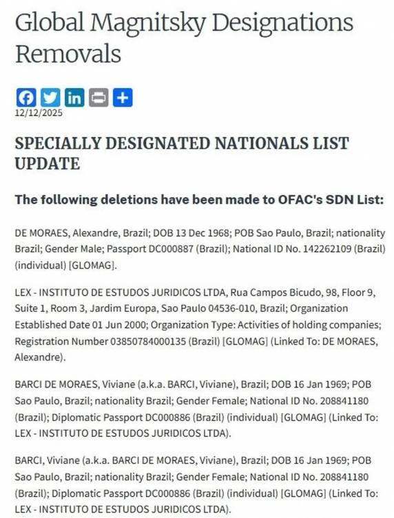 Decisão imposta em julho bloqueava contas e restringia acesso do ministro do Supremo aos EUA