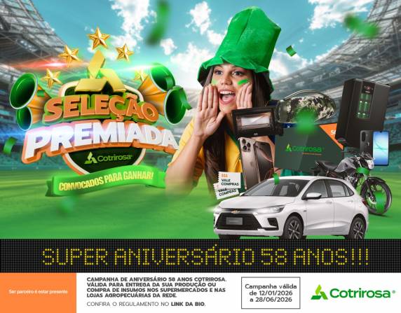 Campanha ?Seleção Premiada Cotrirosa?, inspirada na Copa do Mundo de 2026, vai sortear 58 prêmios que somam quase R$ 200 mil, incluindo carro zero quilômetro, moto e vales-compras, com participação aberta em todas as unidades da cooperativa.