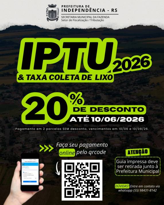 Contribuintes que realizarem o pagamento em cota única até 10 de junho garantem abatimento no imposto e na taxa de coleta de lixo
