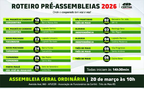 Encontros ocorrem entre 18 de fevereiro e 6 de março em 21 localidades, reforçando a participação dos cooperados, a transparência da gestão e o diálogo com as comunidades da região noroeste.