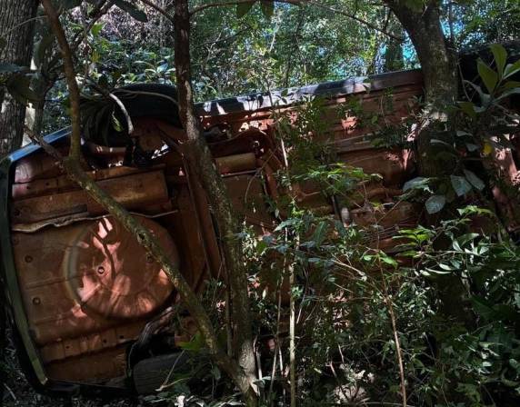 Acidente ocorreu na tarde desta segunda-feira (16); carro saiu da pista, tombou e ficou preso entre árvores