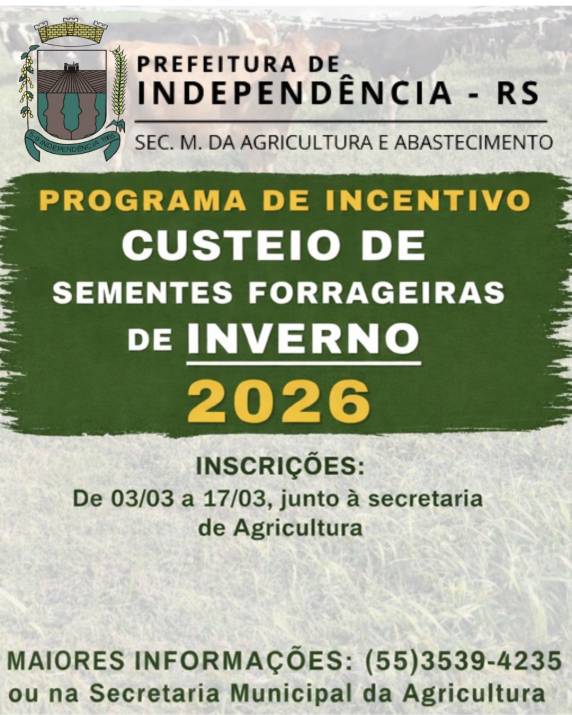 Produtores familiares poderão receber até 50% de subsídio na compra de aveia e azevém, com limite de R$ 500 por agricultor