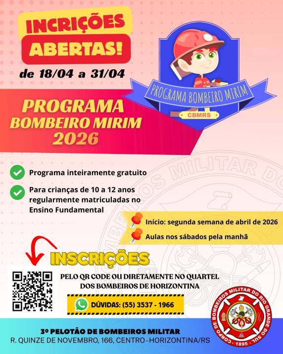 Projeto do Corpo de Bombeiros abrirá 24 vagas gratuitas para crianças de 10 a 12 anos; atividades iniciam em abril