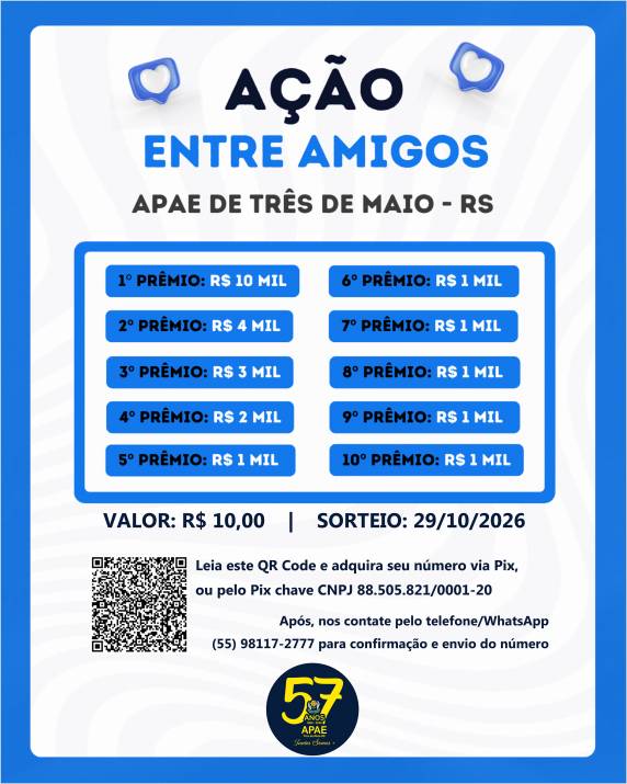 Bilhetes já estão à venda por R$ 10 e sorteio acontece em outubro, em comemoração aos 57 anos da entidade