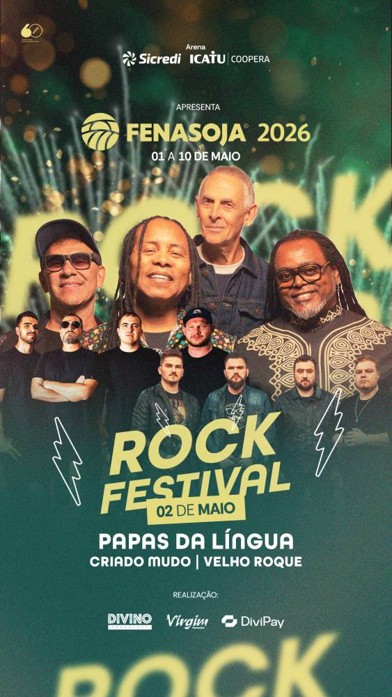 Após anunciar um show surpresa com Zé Neto & Cristiano, a Fenasoja confirmou mais uma atração da Arena Sicredi Icatu Coopera: o Rock Festival, marcado para 2 de maio, com Papas da Língua, Criado Mudo e Velho Roque. A programação da feira, que ocorre de 1º a 10 de maio em Santa Rosa, também inclui nomes como Menos é Mais, Leonardo, Matuê e Panda, consolidando uma das maiores grades de shows da história do evento.