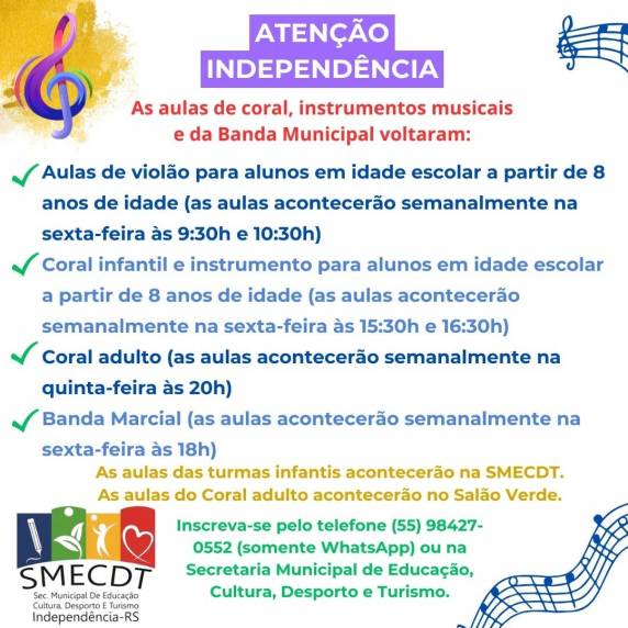 Atividades são voltadas a crianças a partir de 8 anos e adultos, com inscrições abertas via WhatsApp ou na Secretaria de Educação